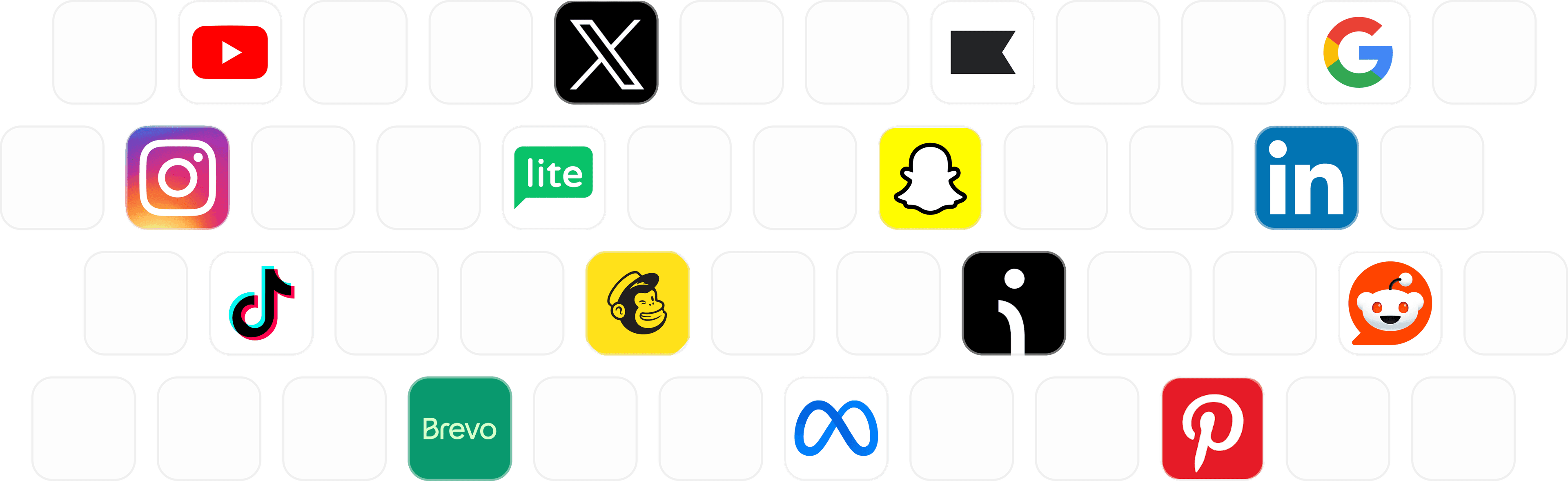 Integration logos - Instagram, TikTok, LinkedIn, Snapchat, YouTube, and more