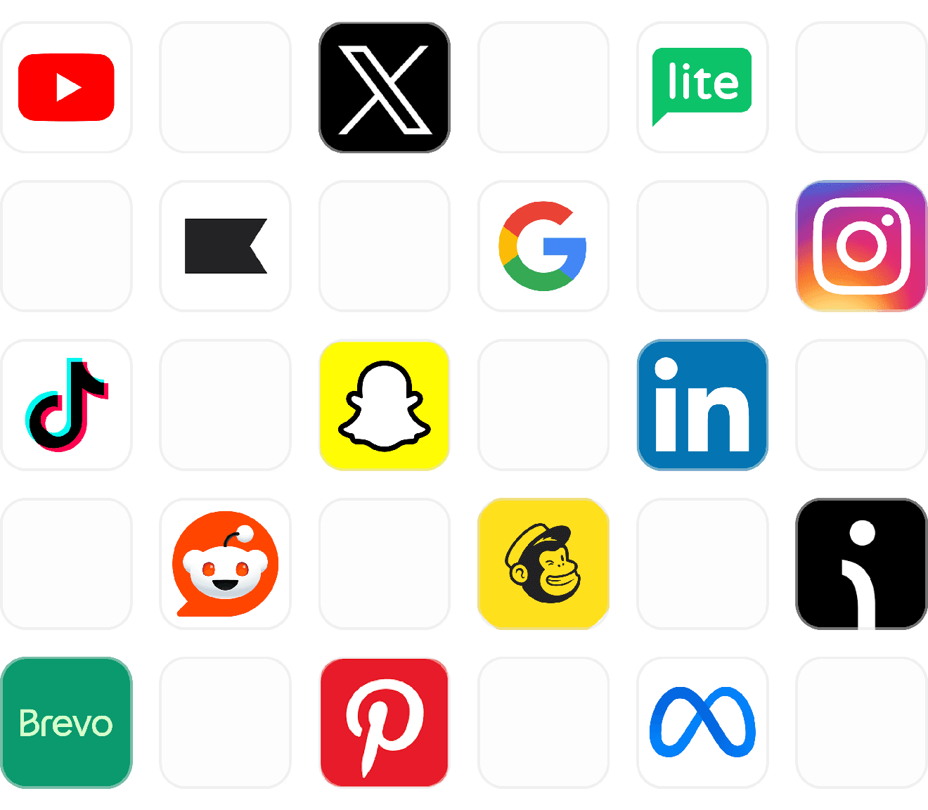 Integration logos - YouTube, X, Instagram, TikTok, LinkedIn, Klaviyo, Google, and more