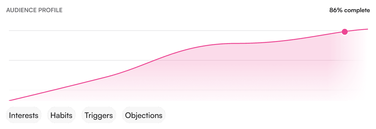 Audience profile 86% complete - interests, habits, triggers, objections